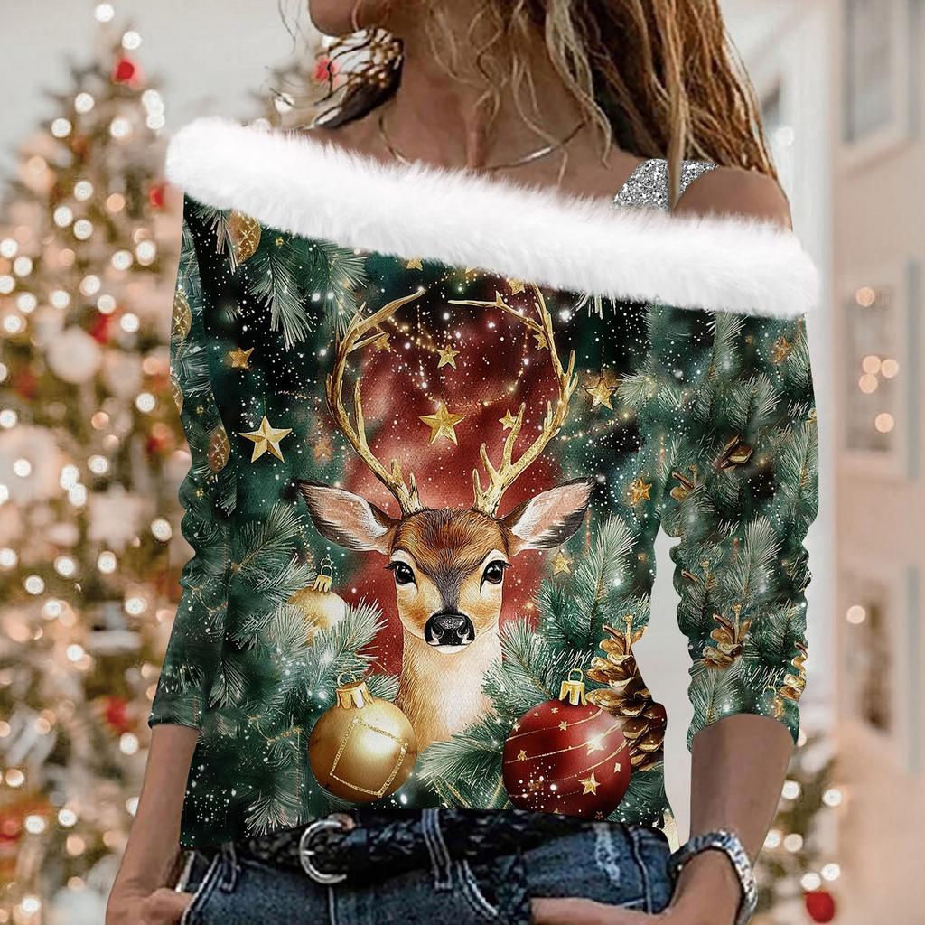 Женские топы с длинными рукавами. Модные женские свободные пуловеры с открытыми плечами с рождественским принтом.