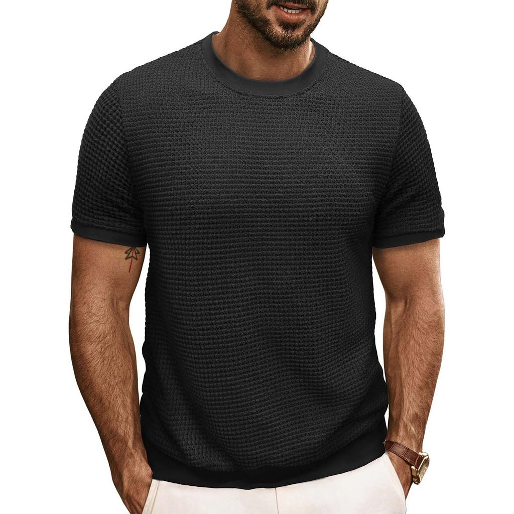 Men's Short Sleeved Knitted T-shirt Top With Round Neck Ribbed Pullover