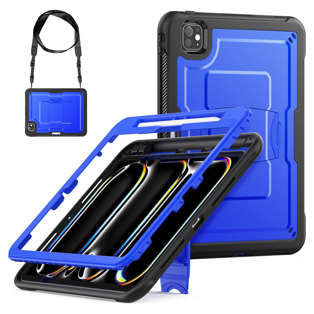 For iPad Pro 11 (2025)/11 (2024) Case Hidden Zinc Alloy Kickstand PC + TPE Tablet Cover with Shoulder Strap