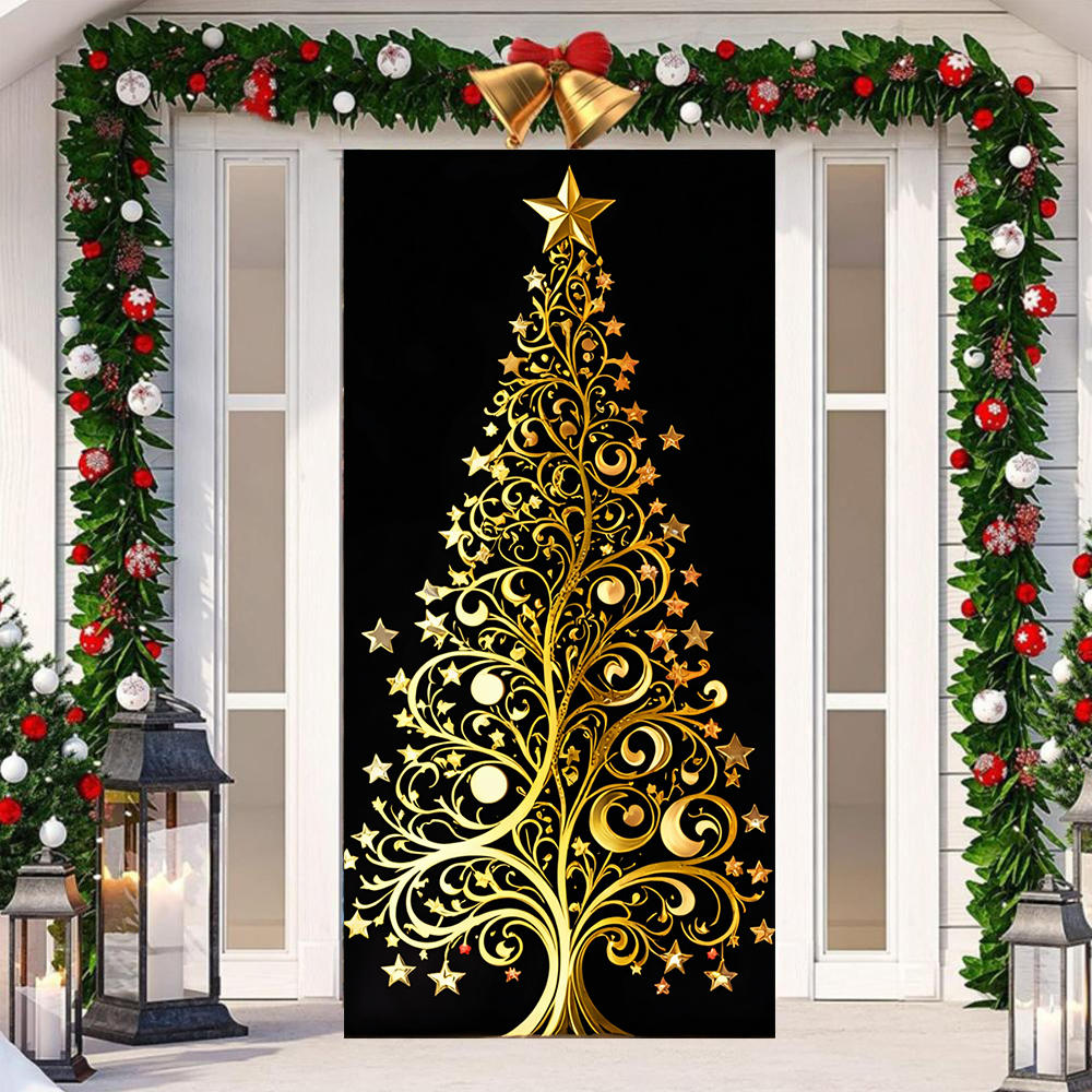 Christmas Tree Pattern Decoration 180x90cm 2025 Christmas Door Cover Banner Party Background Outdoor Porch Sign Can Customized