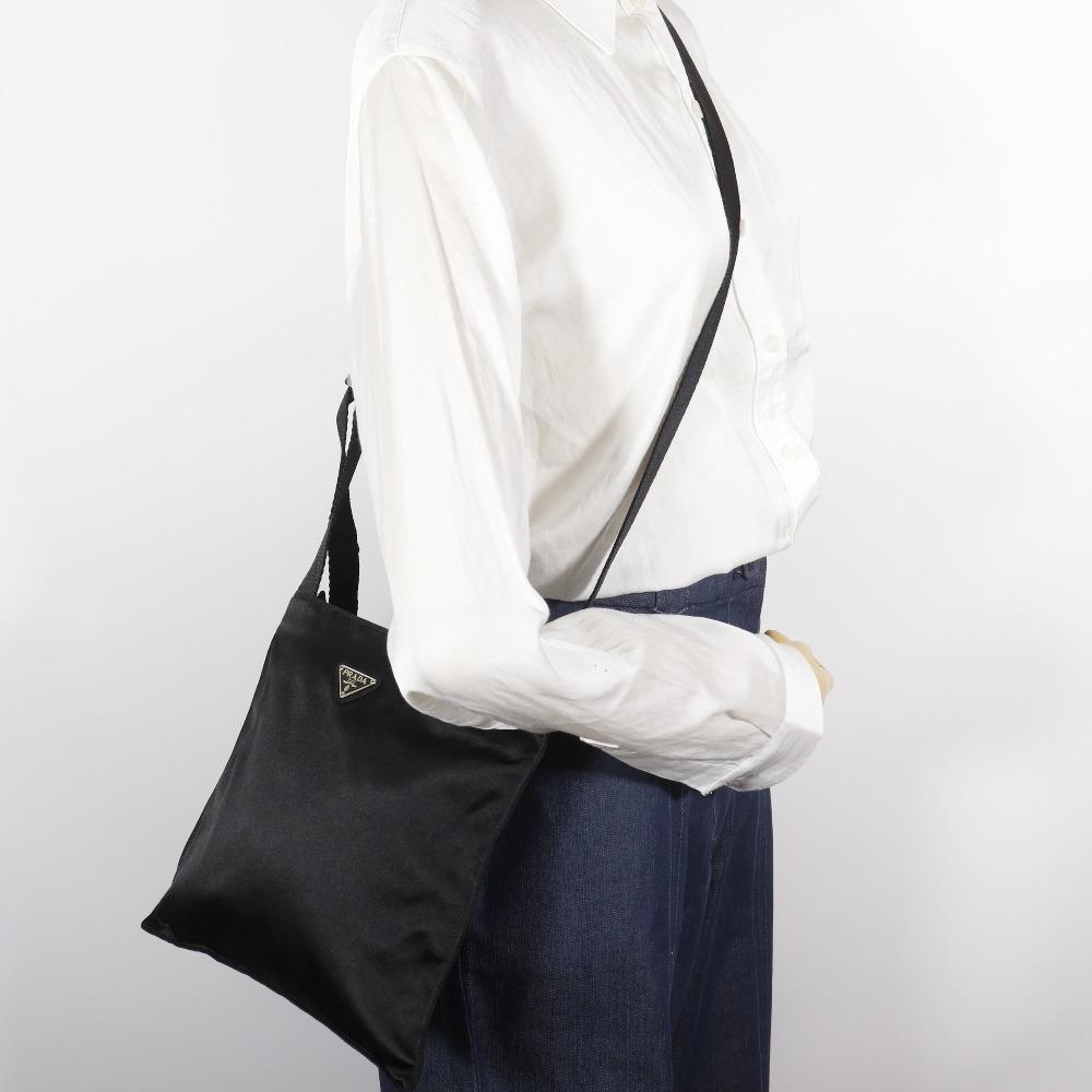 PRADA Pochette Shoulder Bag B7879 NERO black Satin Women Used