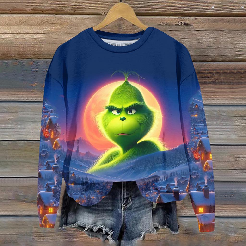 Ladies' Christmas Greentown Print Casual Long Sleeved Round Neck Sports Hoodie Top