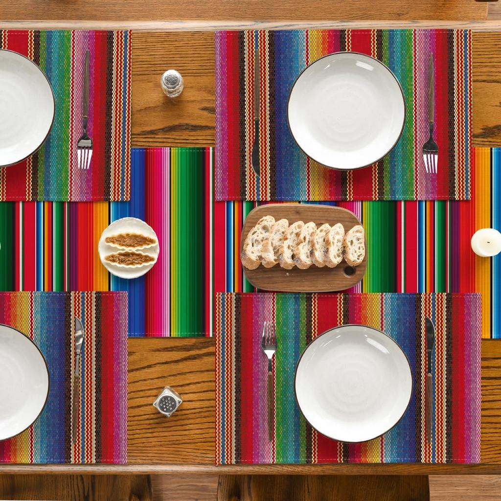 Набор из 4 разноцветных полосатых салфеток под тарелку Dia De Los Muertos Fiesta Mexico, 12x18 дюймов, весенние салфетки для стола для вечеринки, кухни, обеденного декора