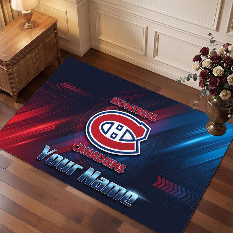 Montreal Canadiens Personalized Crystal Velvet Carpet, Customized Name Text Soft Anti‑Slip Rug for Living Room Bedroom
