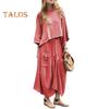 2 Pcs/Set Women Top Skirt Suit Round Neck Three Quarter Sleeve Slant Hem Vintage Top Drawstring Elastic Waist Loose Irregular Maxi Skirt Spring Daily