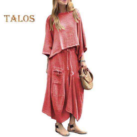 2 Pcs/Set Women Top Skirt Suit Round Neck Three Quarter Sleeve Slant Hem Vintage Top Drawstring Elastic Waist Loose Irregular Maxi Skirt Spring Daily