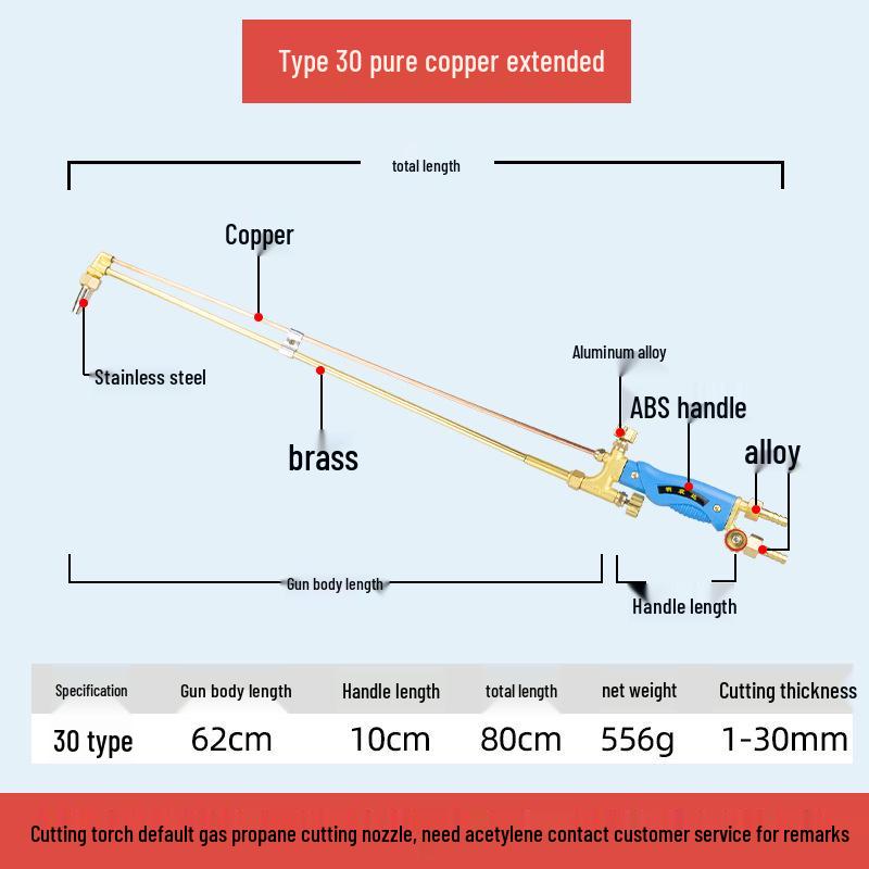 All-Copper Stainless Steel Extended & Thickened Oxygen Acetylene Cutting/Welding Torch Injector, Model G01-30/100/300.