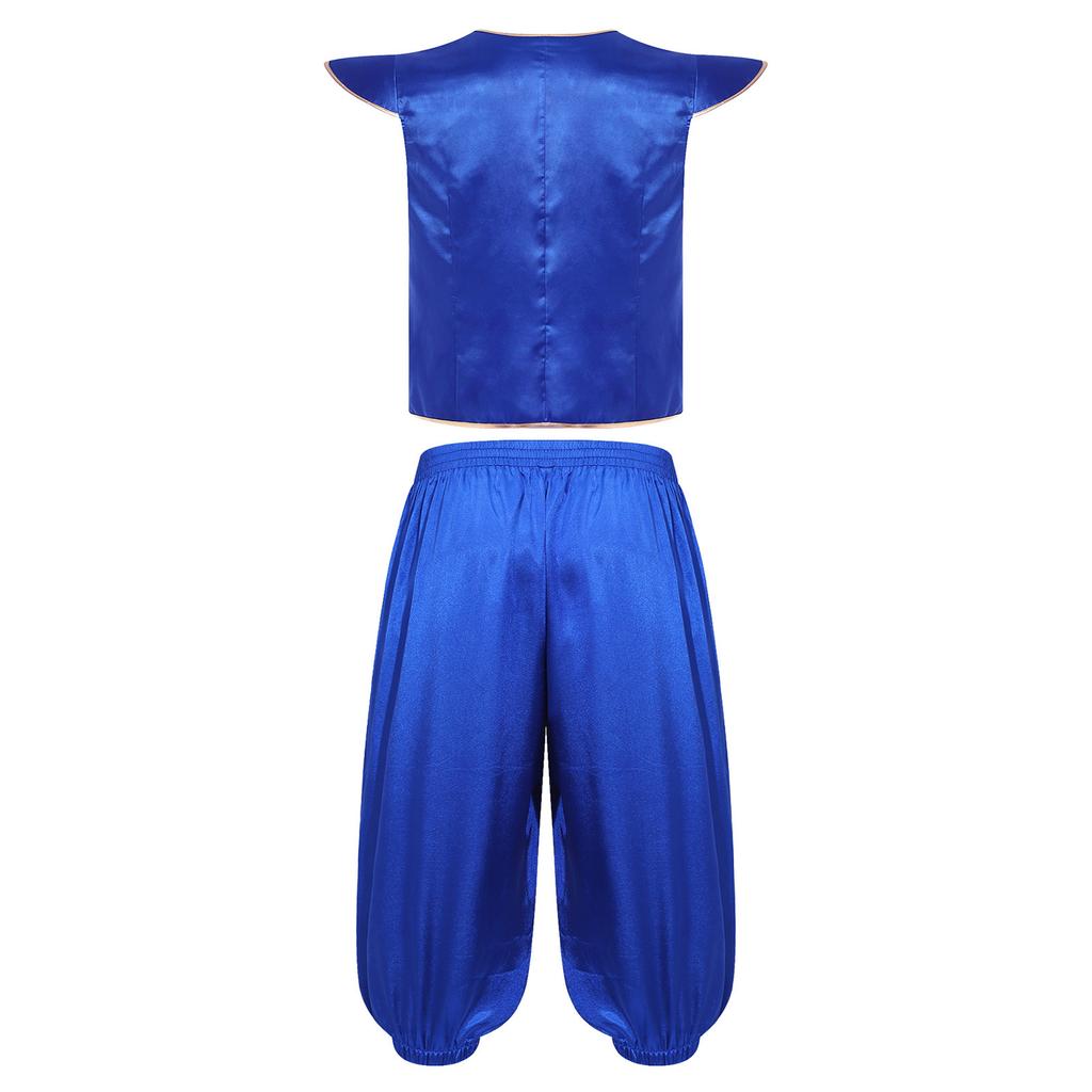 Arabian Prince Halloween Costume for Men Fly Sleeve Open Front Satin Vest Metallic Trim with Elastic Waistband Shorts