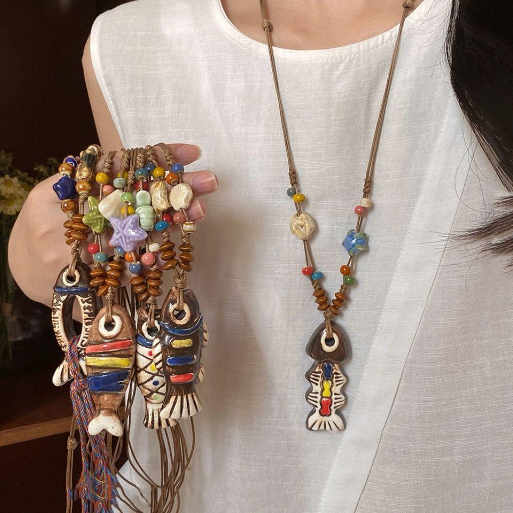 Vintage Ceramic Fish Necklace Wood Bohemian Style Choker Exquisite Long Sweater Chain Decoration