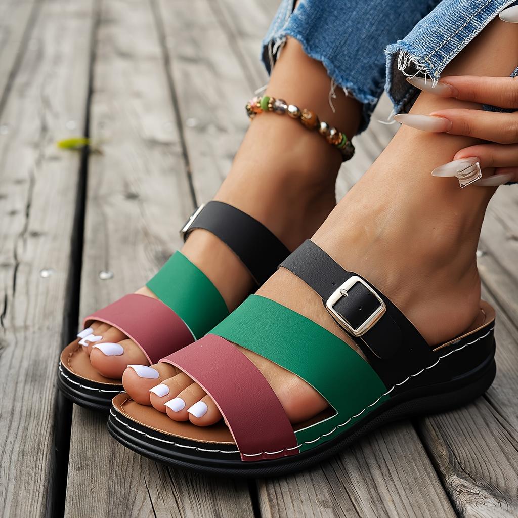 Ladies' Classic Slope Heel Sandals - Comfortable, Lightweight, Set On Style, Open Toe Design, Color Blocked Belt Buckle, Simple Slippers