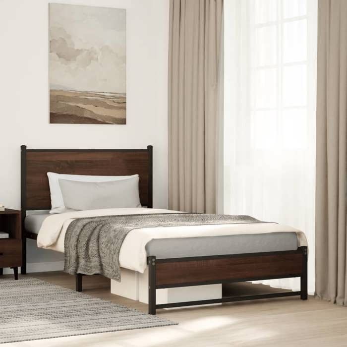 VidaXL Cadre de lit en métal avec tête de lit chêne marron 100x200 cm, lit simple, meuble de chambre à coucher, lit 4007935