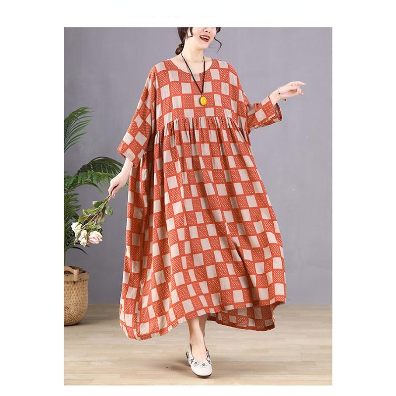 Dimanaf Женское платье больших размеров, новинка 2023 года, летнее стильное платье, свободное платье с длинным рукавом и круглым вырезом с цветочным принтом, зеленые льняные базовые платья