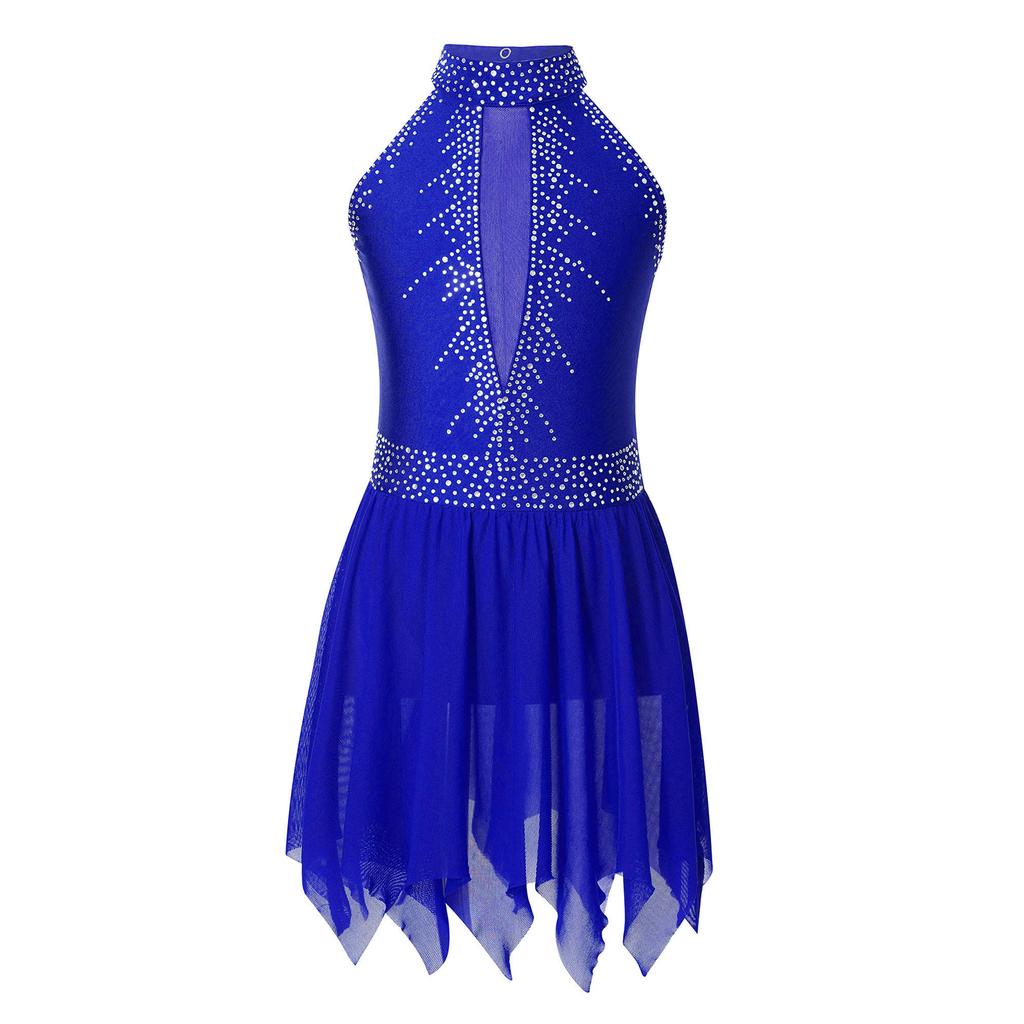 Платье для фигурного катания для девочек с блестящими стразами, с открытой спиной, асимметричной юбкой из сетки, леотард
