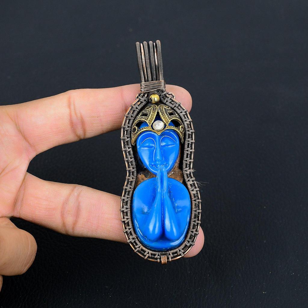 Синий молящийся женский драгоценный камень из чистой медной проволоки, завернутый в подвеску ручной работы, ювелирные изделия
