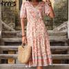Women's Vintage Bohemia Summer Spring Floral Print Short Sleeve V-Neck High Waist Casual Dresses