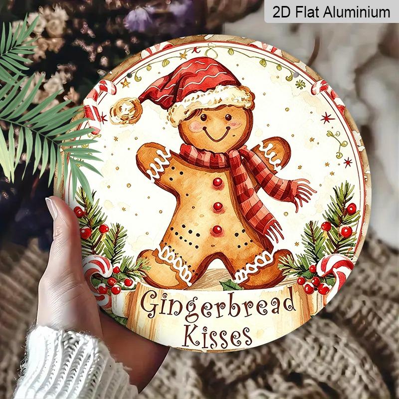 2D Flat, 1pc Decorative Plaques and Ornaments Sign, Round Distressed Aluminum Gingerbread Kisses Christmas Hanging Plaque, Candy Cane Pine Farmhouse