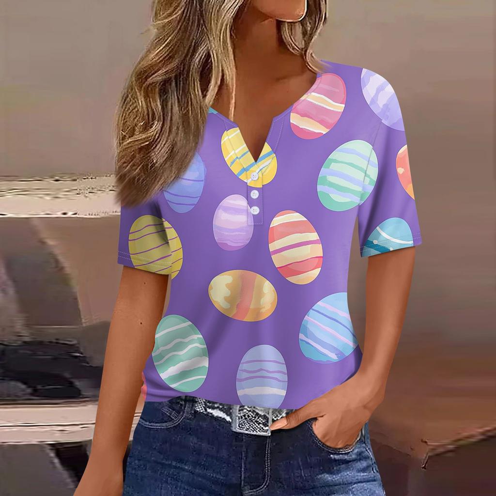 Women's T Shirt Print Button Short Sleeve Daily Weekend Fashion Basic V- Neck Regular Top