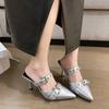Fashion Women Punk Goth Metal Buckle High Heels Slippers  Spring Women Pointed Toe Silver Party Shoes Korean Style Thin Heels Shoes
