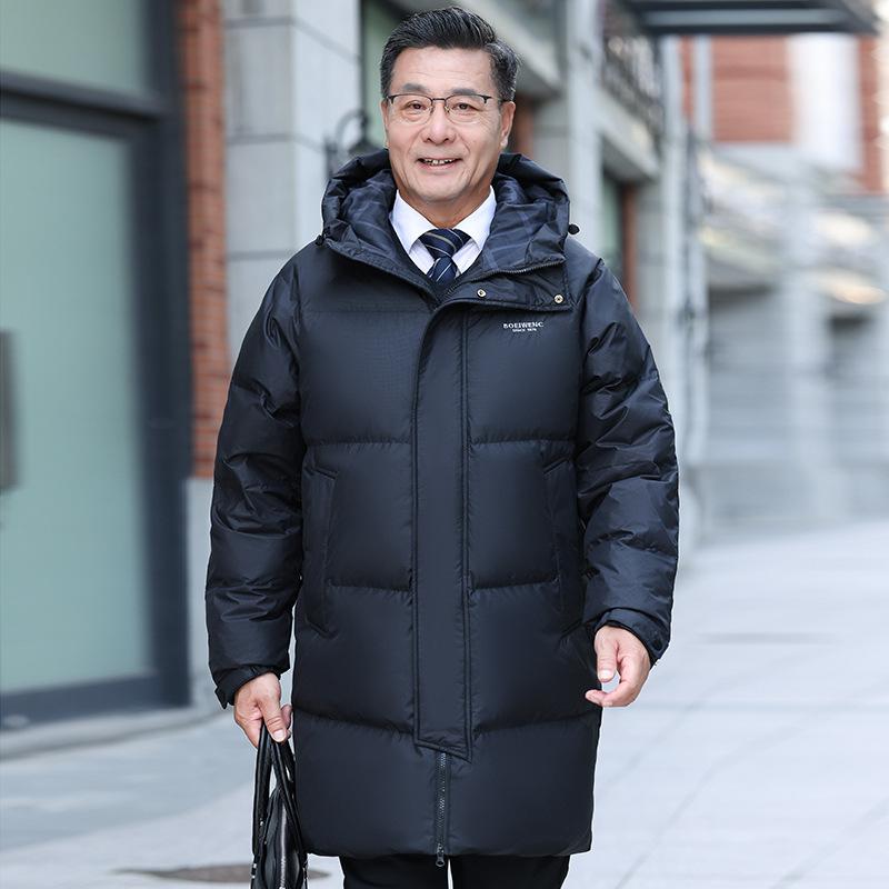 Новая белая утиная пуховая куртка для мужчин среднего и пожилого возраста с капюшоном, средняя и длинная