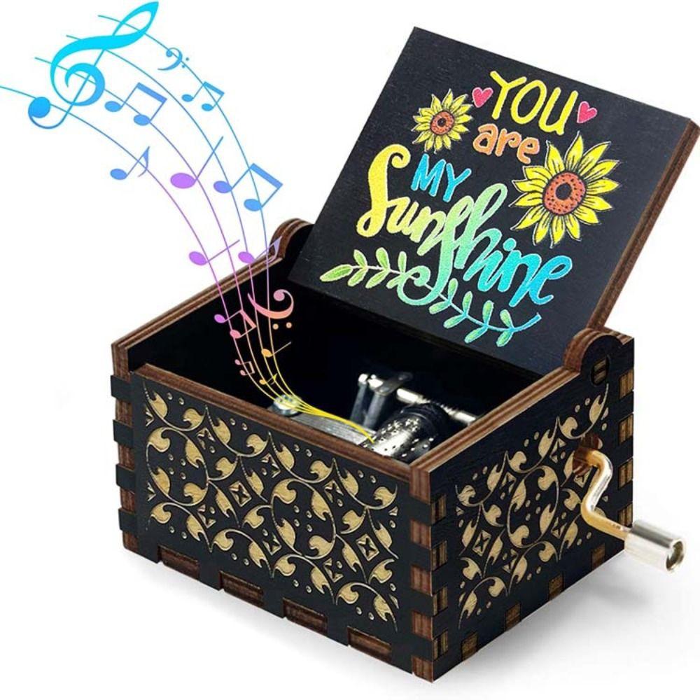 Wooden Suitable Gifts You are My Sunshine Music Box Hand-Cranked Black Engraved Musical Boxes