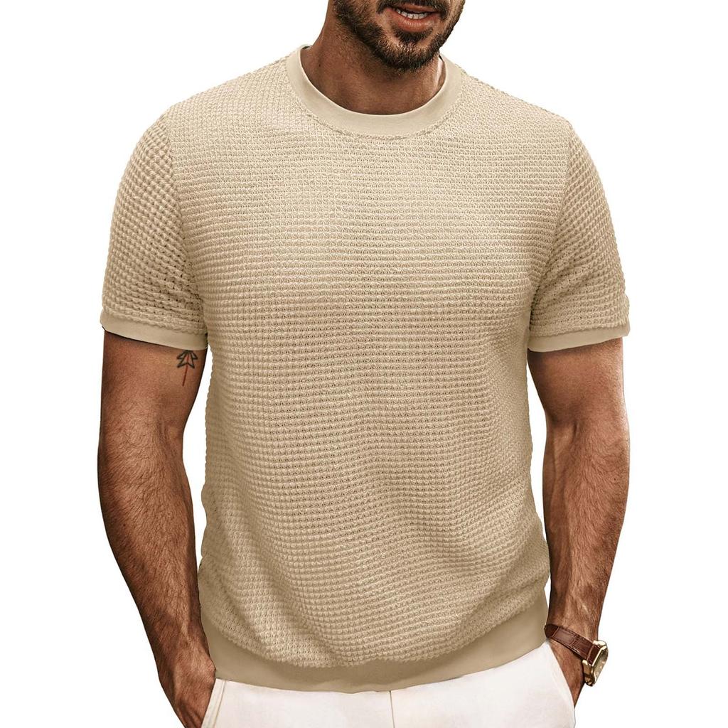 Men's Short Sleeved Knitted T-shirt Top With Round Neck Ribbed Pullover
