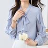 Long Sleeve Button Up Womens Shirts With Bow Fashion Elegant Women Blouses Chiffon Office Lady Tops Blue Clothes 29317
