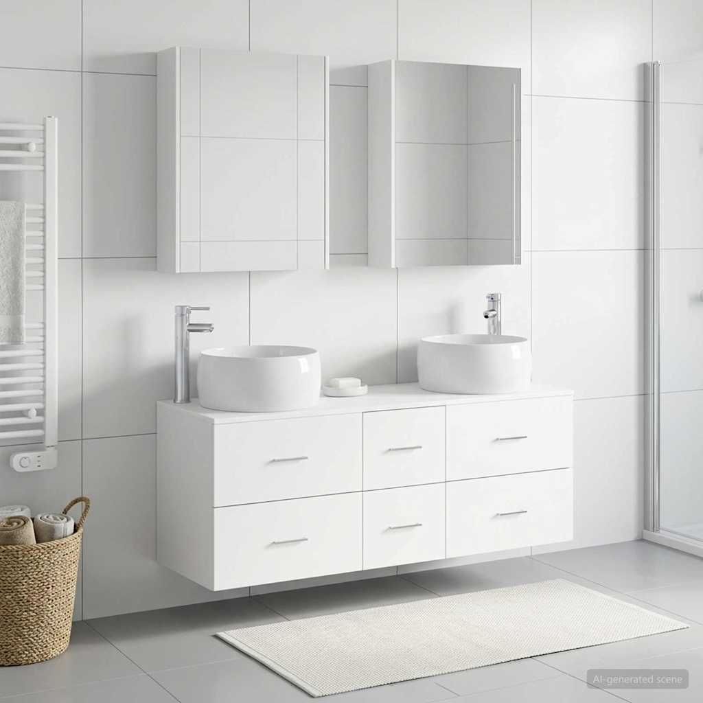 5 Piece Bathroom Furniture Set White Engineered Wood and Glass