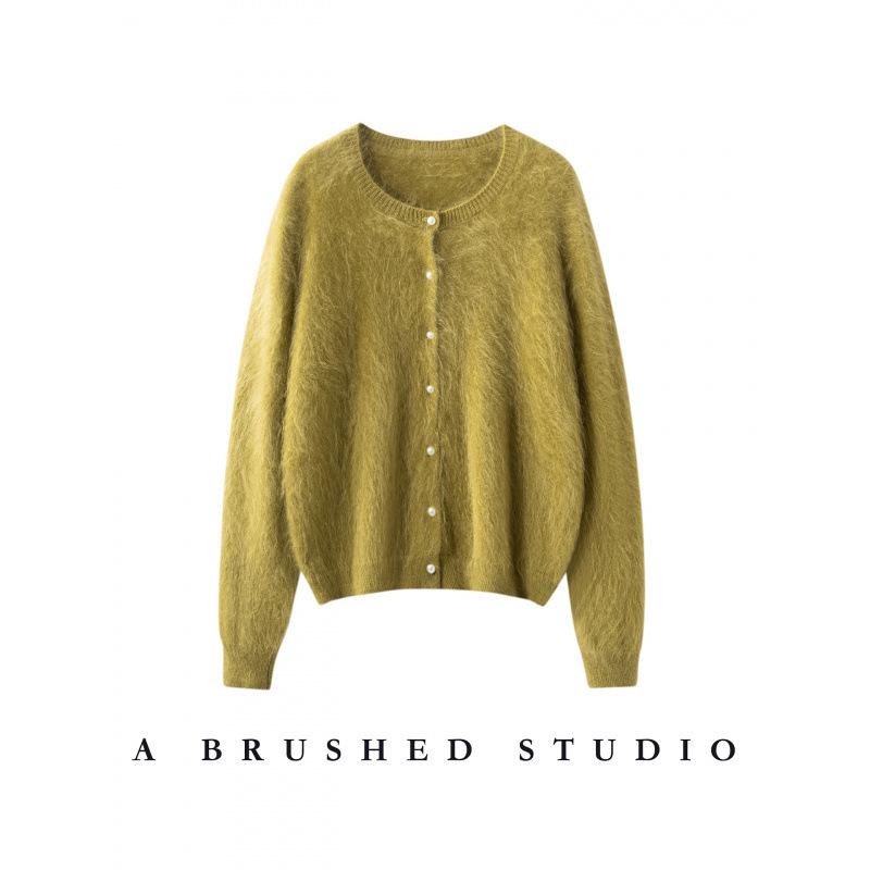 2026 Autumn/Winter 100% Cashmere Round Neck Pearl Button Brushed Knit Cardigan Sweater