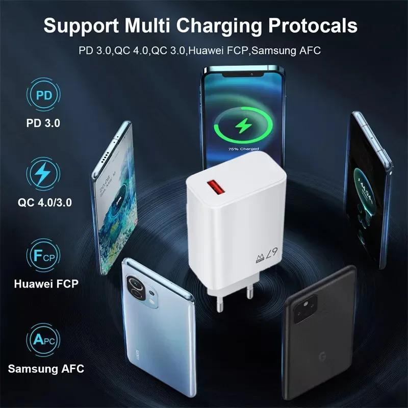 67 Вт USB быстрое зарядное устройство Quick Charge 3.0 для Xiaomi Mi 14 13 12 11 Pro мобильный телефон зарядное устройство адаптер 6A USB Type C кабель дорожный штекер