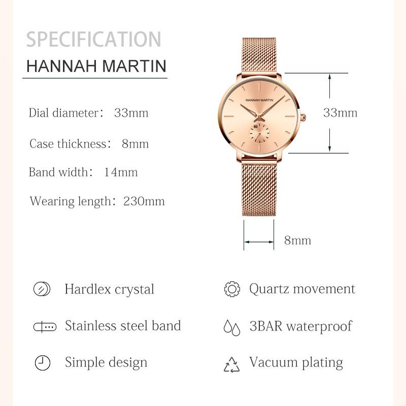 Hannah Martin Small Seconds Dial Quartz Movement Fashion Watch Waterproof Simple Women Gold Mesh Belt Top Brand Ladies Watches