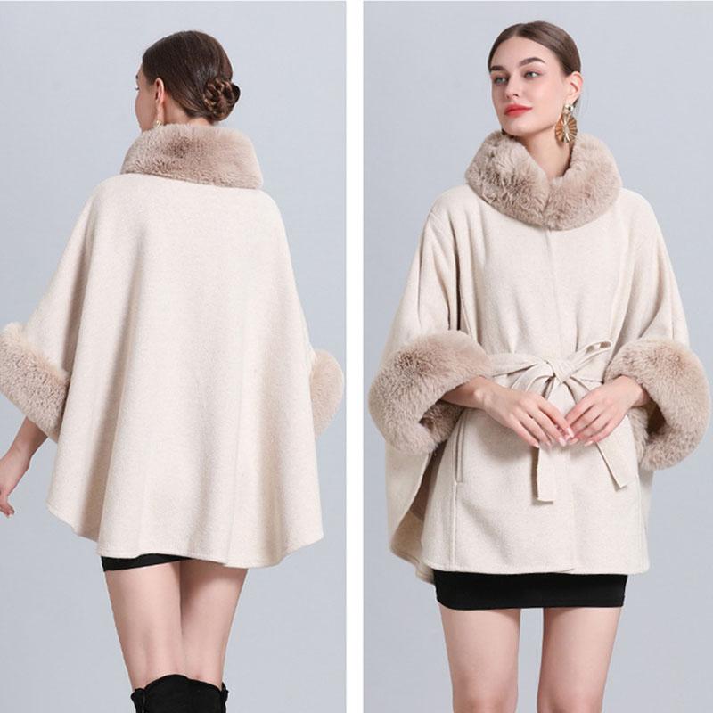 Зимняя женская куртка-накидка с шалью, вязаная кружевная куртка с семиточечными рукавами и меховым воротником, твидовая куртка, кардиган большого размера