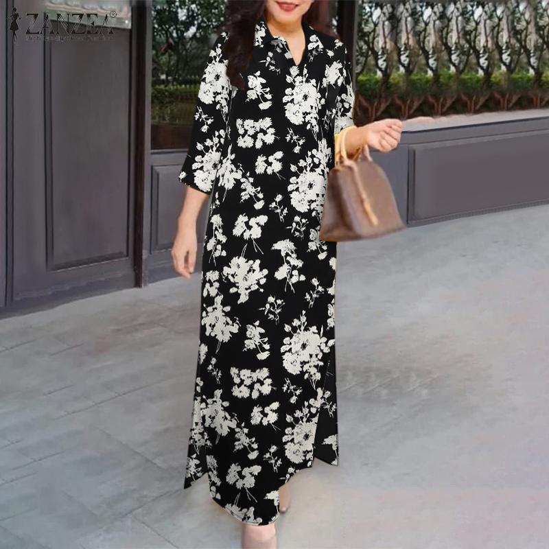 ZANZEA Женское повседневное платье с отложным воротником и цветочным принтом, рукав 3/4