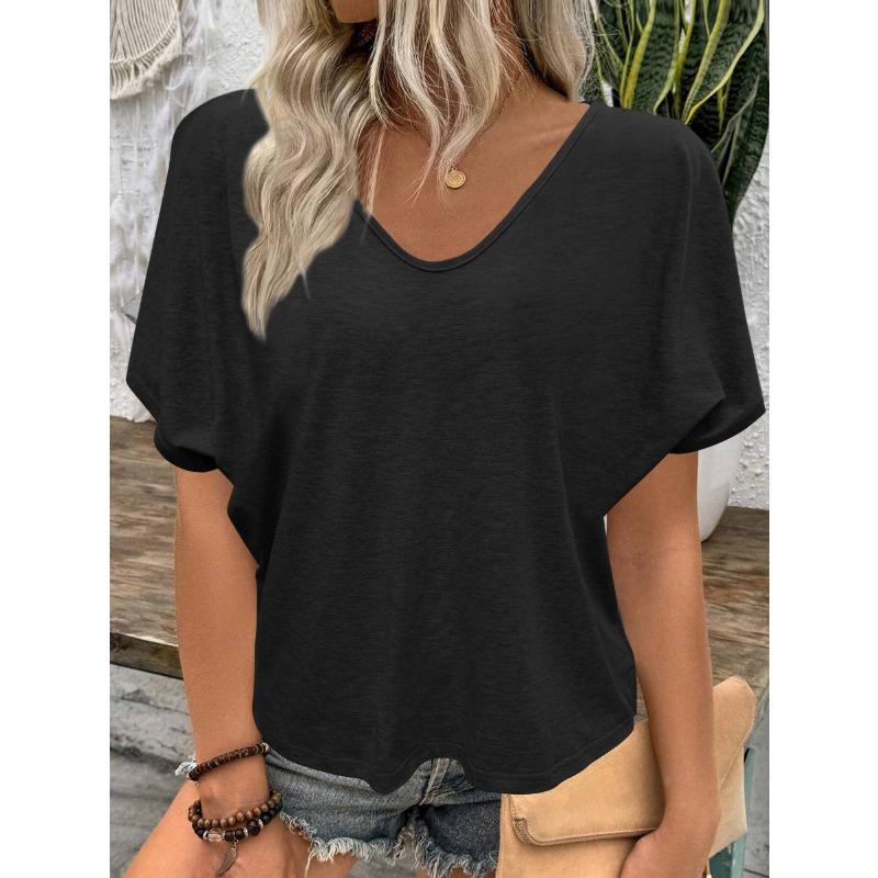 Летняя свободная повседневная женская футболка с короткими рукавами, однотонная, с V-образным вырезом, простая офисная, элегантная, модная, топы больших размеров, блузка, базовые женские рубашки
