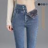 Women's High-Waist Plush Skinny Jeans - Korean Style, Elastic, Warm Denim for Autumn/Winter 2022