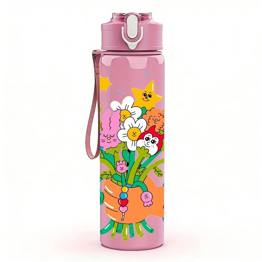 1PC Fresh Bouquet Flower Doodle 750ml Color Plastic Sports Water Bottle Leakproof Flip Straw Lid Suitable for Sports Office Home Use
