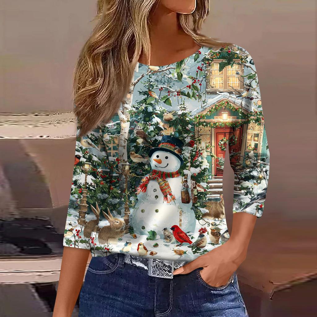 Women's Fashion Casual Three-quarter Sleeve Christmas Printed  Neck Top