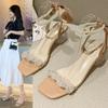 2024 Sweet Back Butterfly Ankle White Pearls Wrap Transparent Crystal Chunky High Heel Sandals Slingback Square Toe Single Shoes