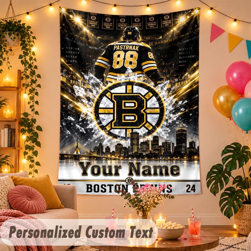 Boston Bruins Personalized Wall Tapestry Custom Name Text Polyester Hanging Decor Home Room