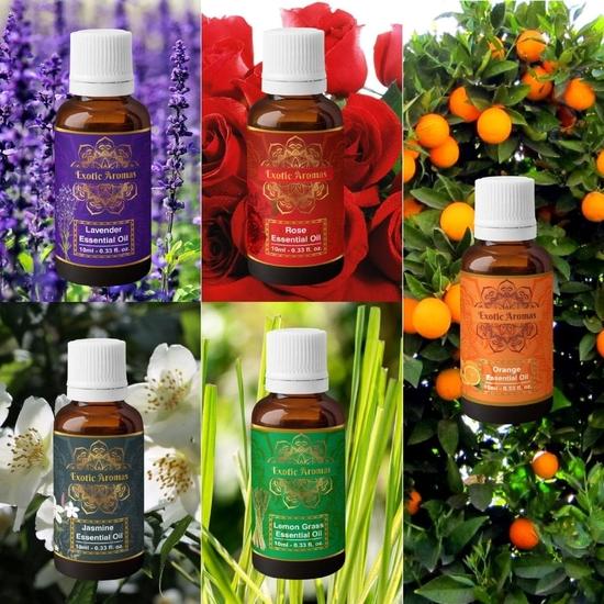 Эфирное масло Exotic Aromas - Масло лаванды, Масло лемонграсса, Масло жасмина, Масло апельсина, Масло розы (Пакет из 5)