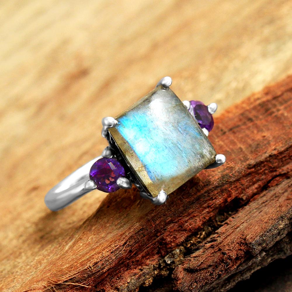 Кольцо с лабрадоритом и аметистом, массивное ювелирное изделие ручной работы из стерлингового серебра 925 пробы, массивное кольцо