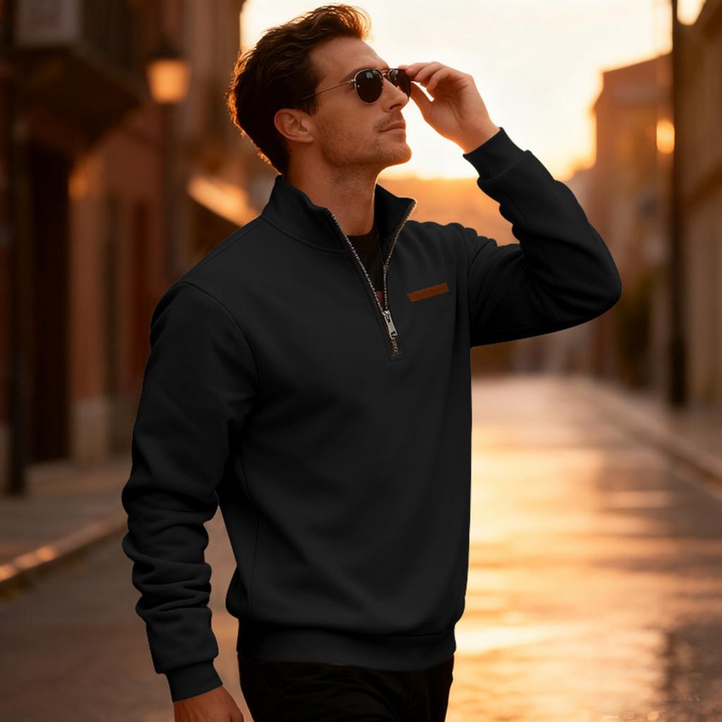 Men's Casual Loose Solid Color Outdoor Fleece Half Zip Stand Up Collar Pullover Hoodie
