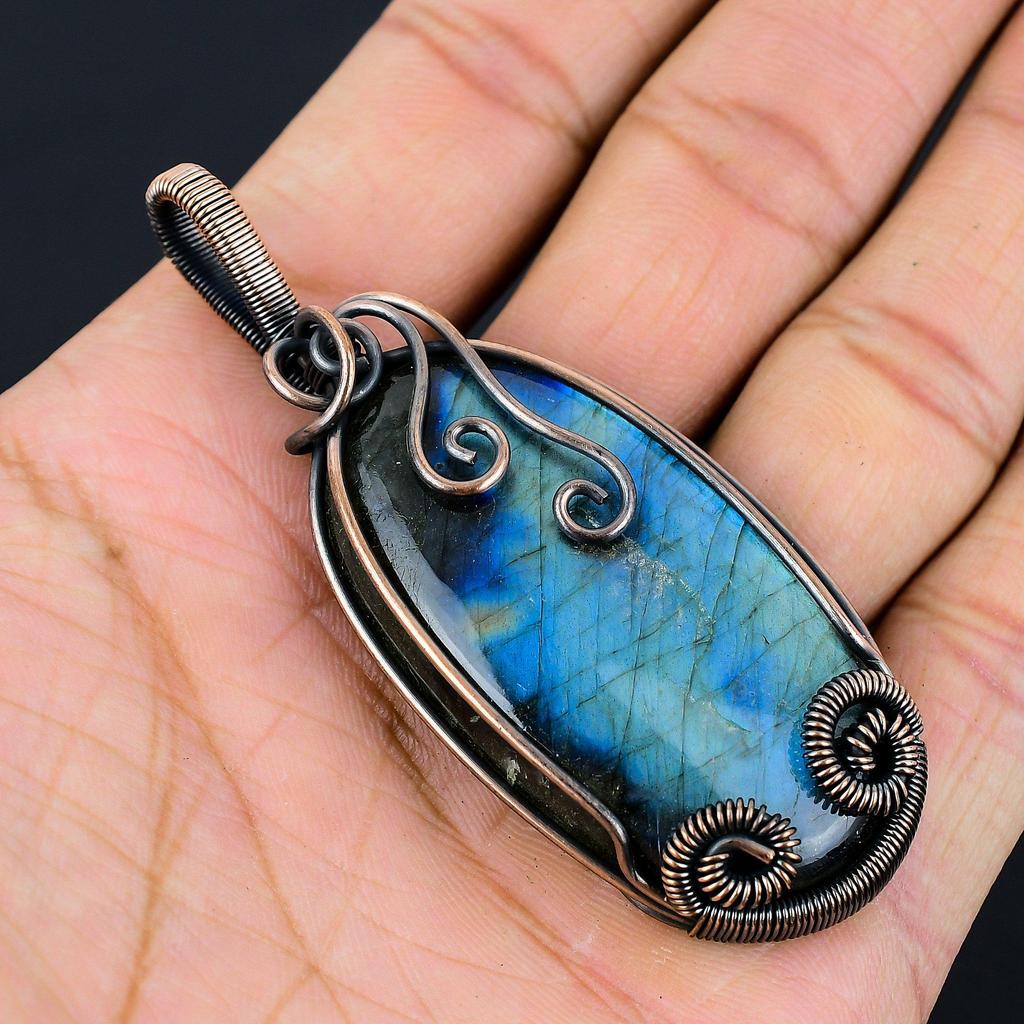 Лабрадорит Драгоценный камень Чистая медная проволока Обернутая ювелирная подвеска ручной работы