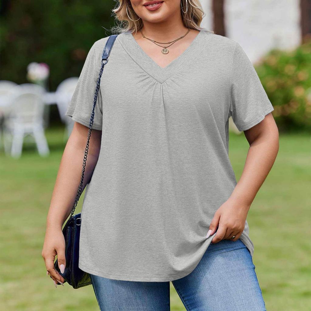 Женская модная повседневная свободная блузка большого размера с коротким рукавом, элегантная с V-образным вырезом, для работы