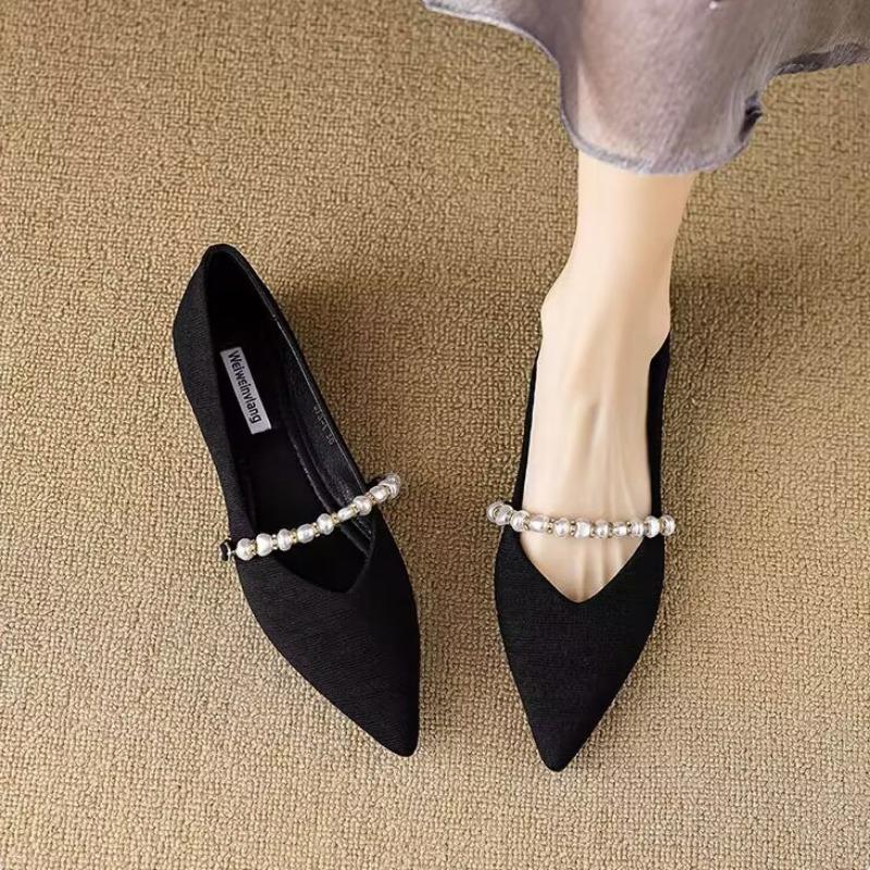 Women's Summer Footwear Pearl Pointed Toe Shoes for Woman 2024 White Moccasins Low Heel Elegant On Offer E Fashion Korean Style
