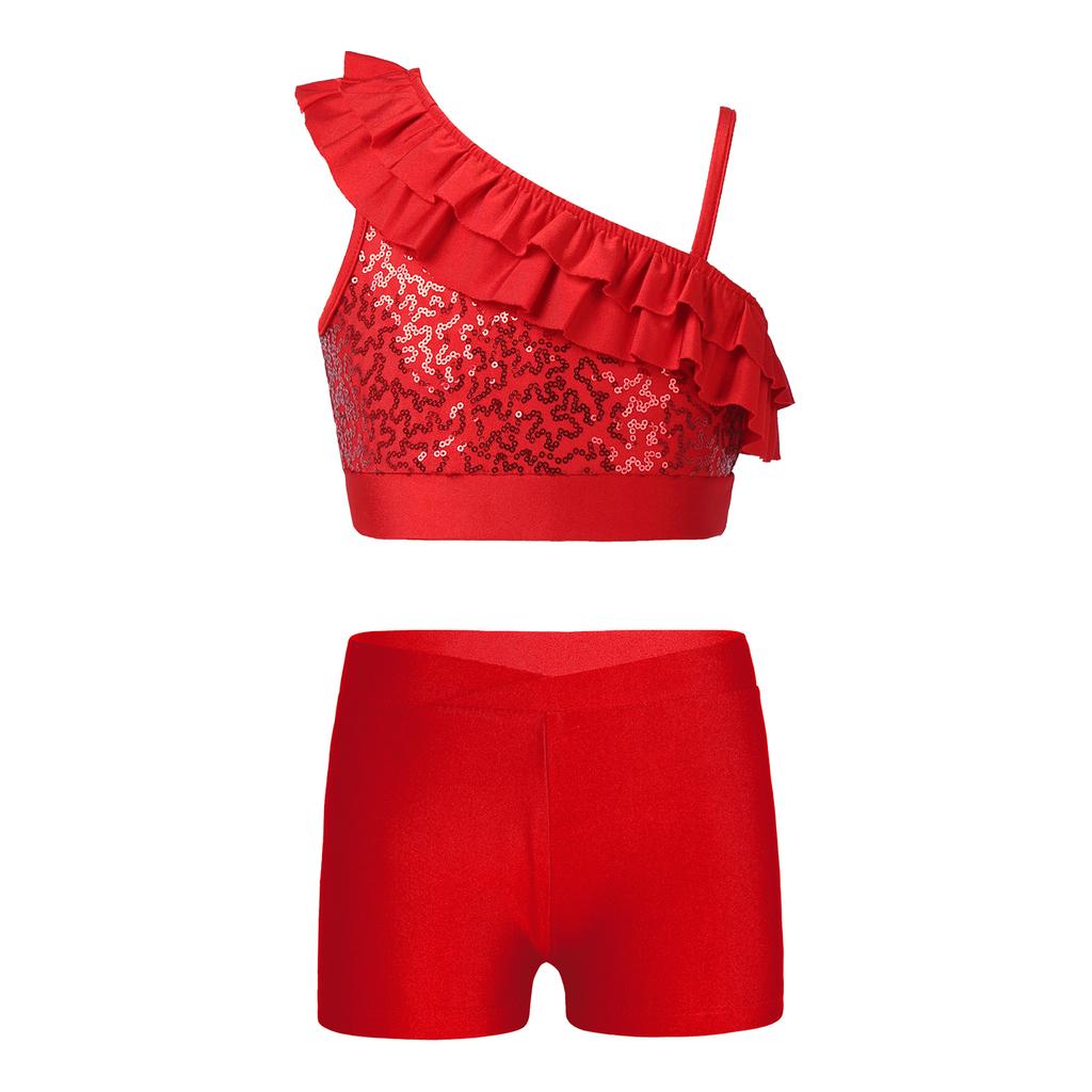 Девочки Комплект из блестящего укороченного топа и шорт Асимметричные бретели-воланы Дизайн V-образный вырез Пояс на талии Шорты Соревнование по танцам