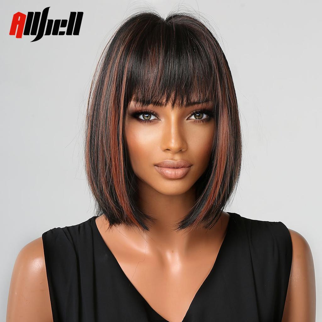 Черные прямые парики из синтетических волос с челкой, короткий боб, красные блики, парики для женщин, повседневный косплей, натуральный парик, термостойкий