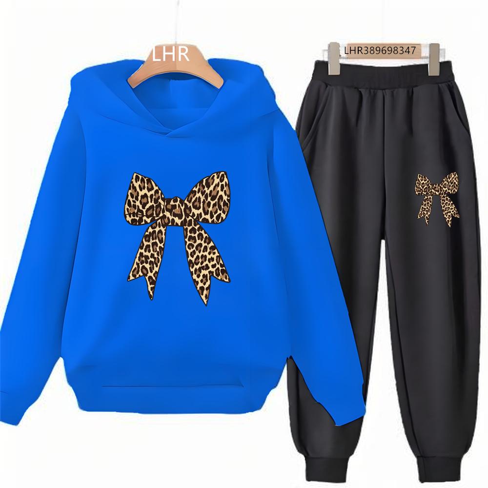 Leopard Print Bow Children's Hoodies Suit Suitable Age 3-12 Girls Coat Toddler Long Sleeves Leisure Print Autumn Clothing