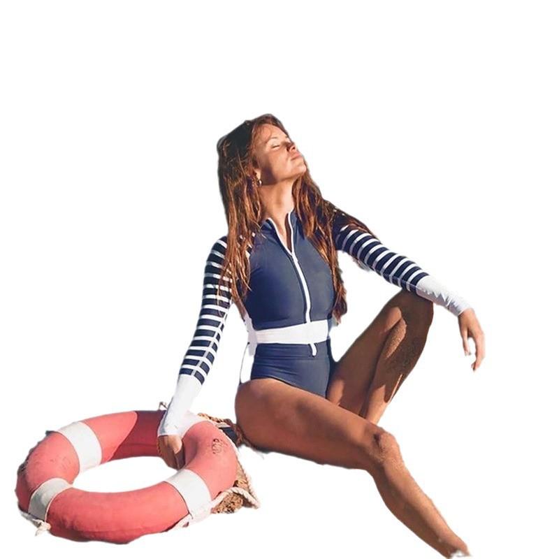 Womens Long Sleeve Rash Guard Swimsuit With Striped High Elasticity UV Protection Surfing Diving Wetsuit