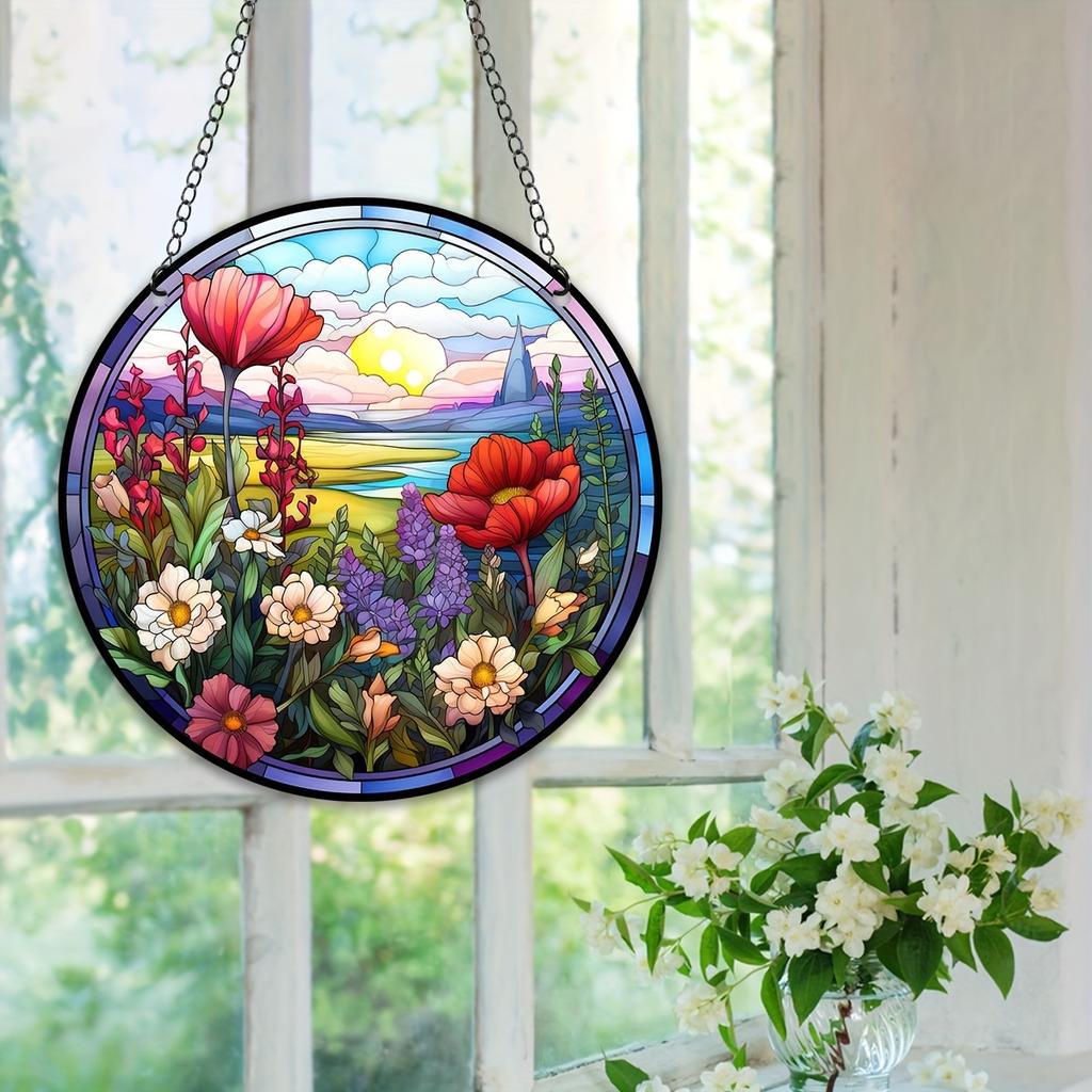 Разноцветные витражные тюльпаны, деревянный ловец солнца, круглый подвесной декор для дома и сада, идеальный подарок на день рождения матери