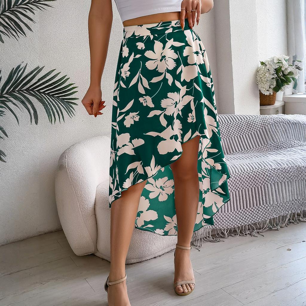 Женская модная юбка миди с цветочным принтом, эластичной талией и рюшами по краю, неправильной длины